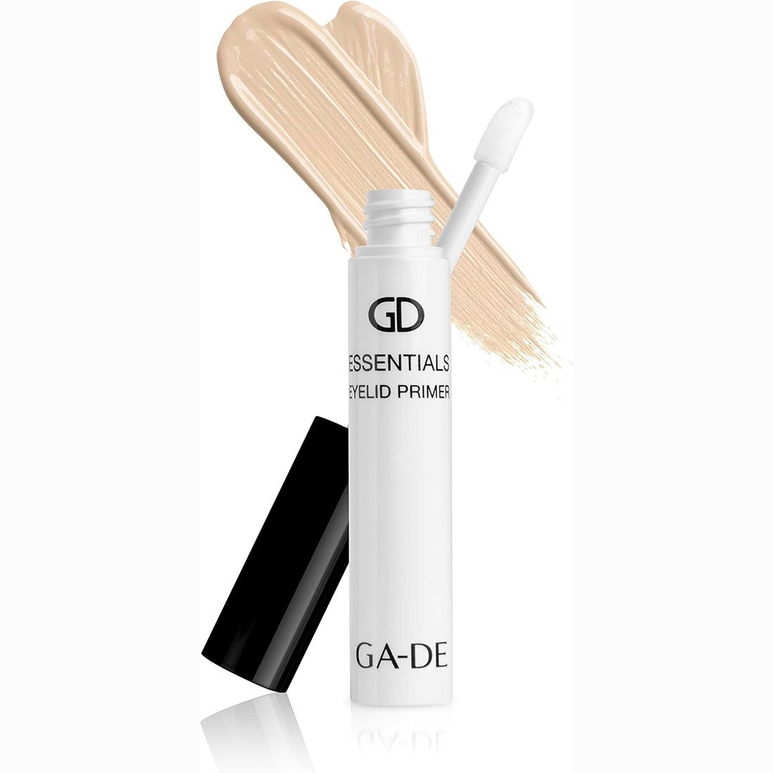 Tubo aperto con applicatore e striscia di prodotto. Scritta: GD Essentials Eyelid Primer. Marchio: GA-DE.