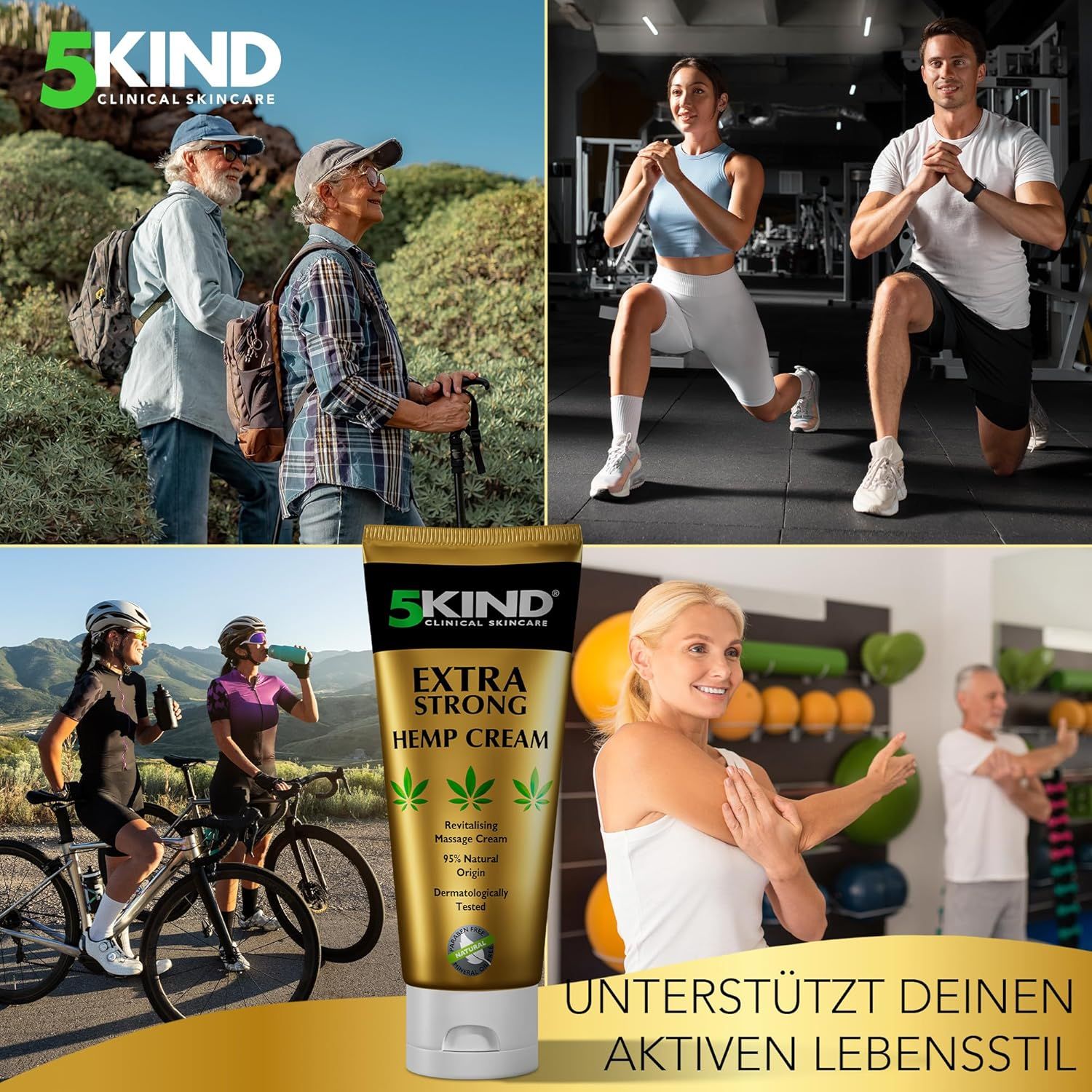 Tubo dorato con scritta: 5kind, Extra Strong Hemp Cream. Persone che fanno escursioni, sport, yoga. Testo: Supporta il tuo stile di vita attivo.