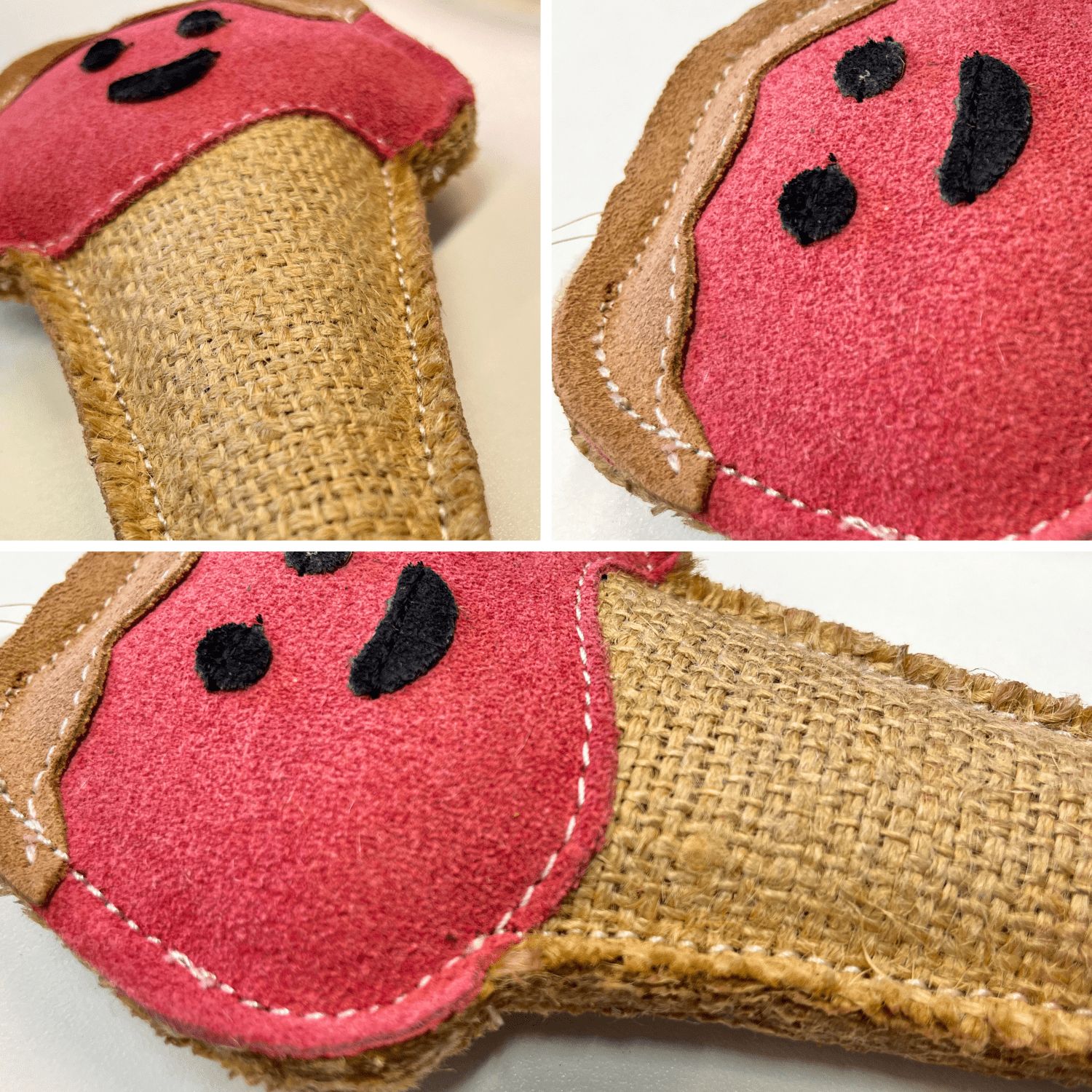 Primi piani del giocattolo per cani a forma di gelato. Gelato rosa con salsa marrone su cono di iuta. Cuciture bianche.