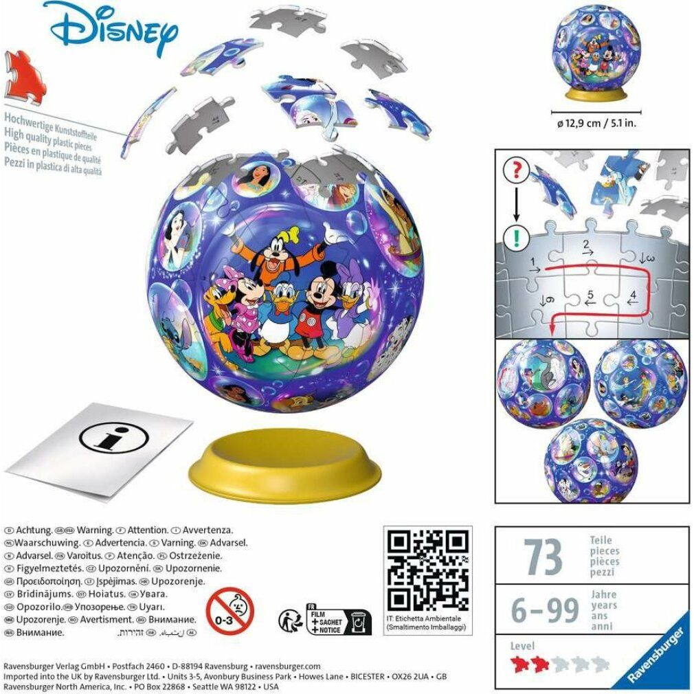 Puzzle 3D a sfera Disney. Sfera blu, base gialla, pezzi, istruzioni. 73 pezzi, diametro 12,9 cm.