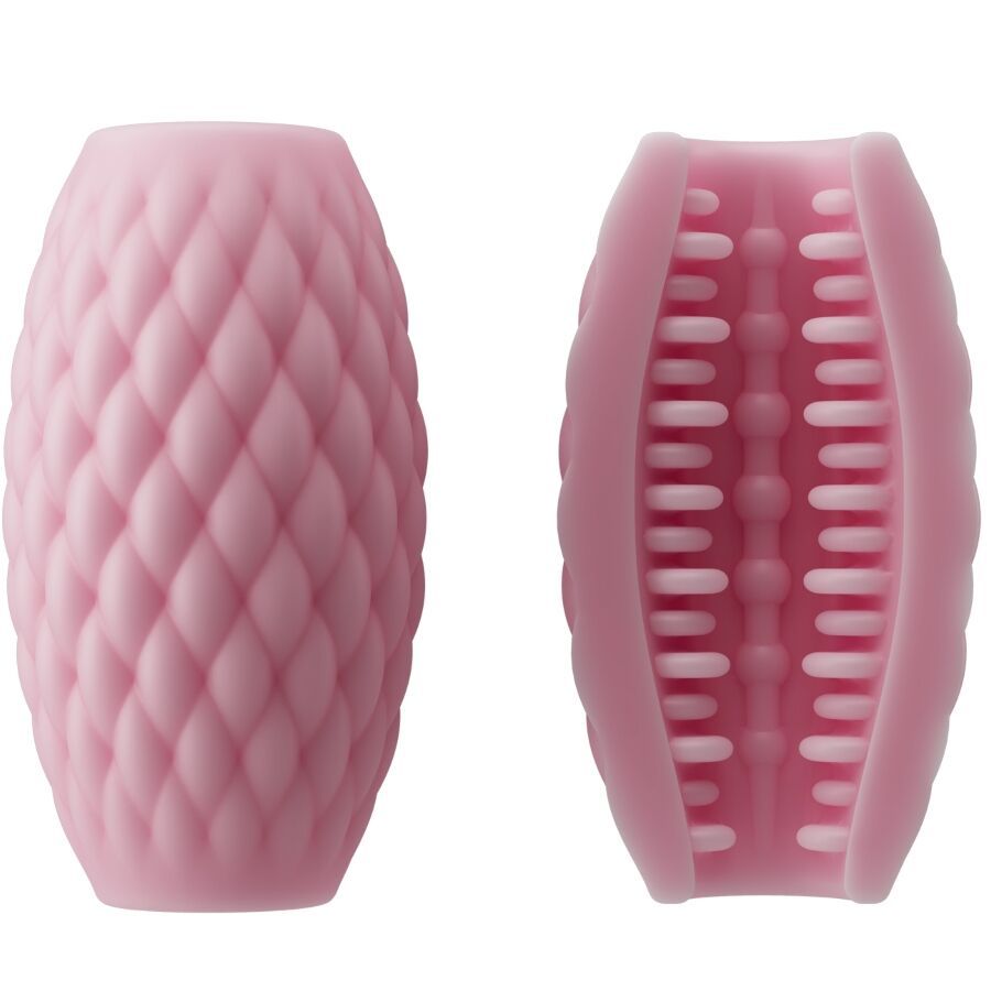 Masturbatore in silicone rosa con motivo a rombi, smontato con il suo contenitore.