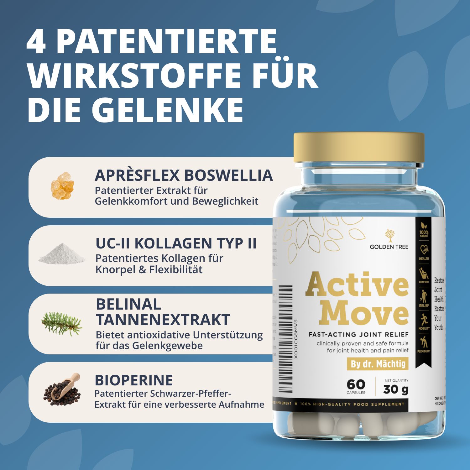 Flacone Golden Tree Active Move con elenco di 4 principi attivi brevettati per le articolazioni: Aprèsflex Boswellia, Collagene UC-II, Estratto di abete Belinal, Bioperina.