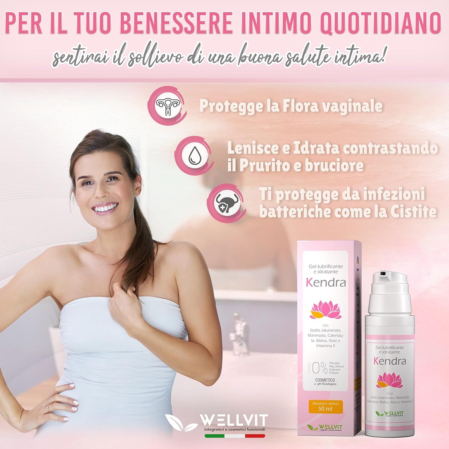 Donna con flacone di gel Kendra. Testo: Gel lubrificante e idratante, Kendra, ingredienti. Marchio Wellvit.