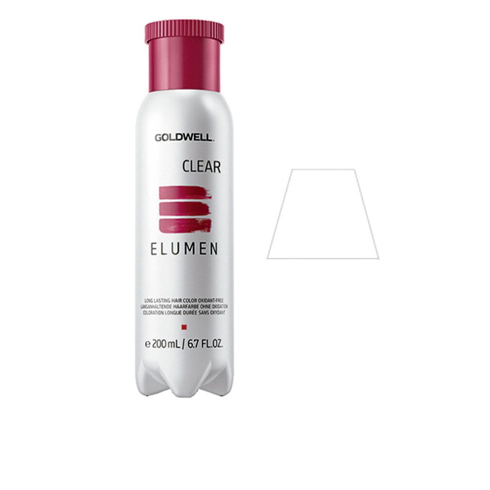 Goldwell ELUMEN CLEAR, tinta per capelli, flacone bianco con tappo rosso. Testo: CLEAR, ELUMEN, 200 ml/6.7 FL.OZ. Senza ossidazione.