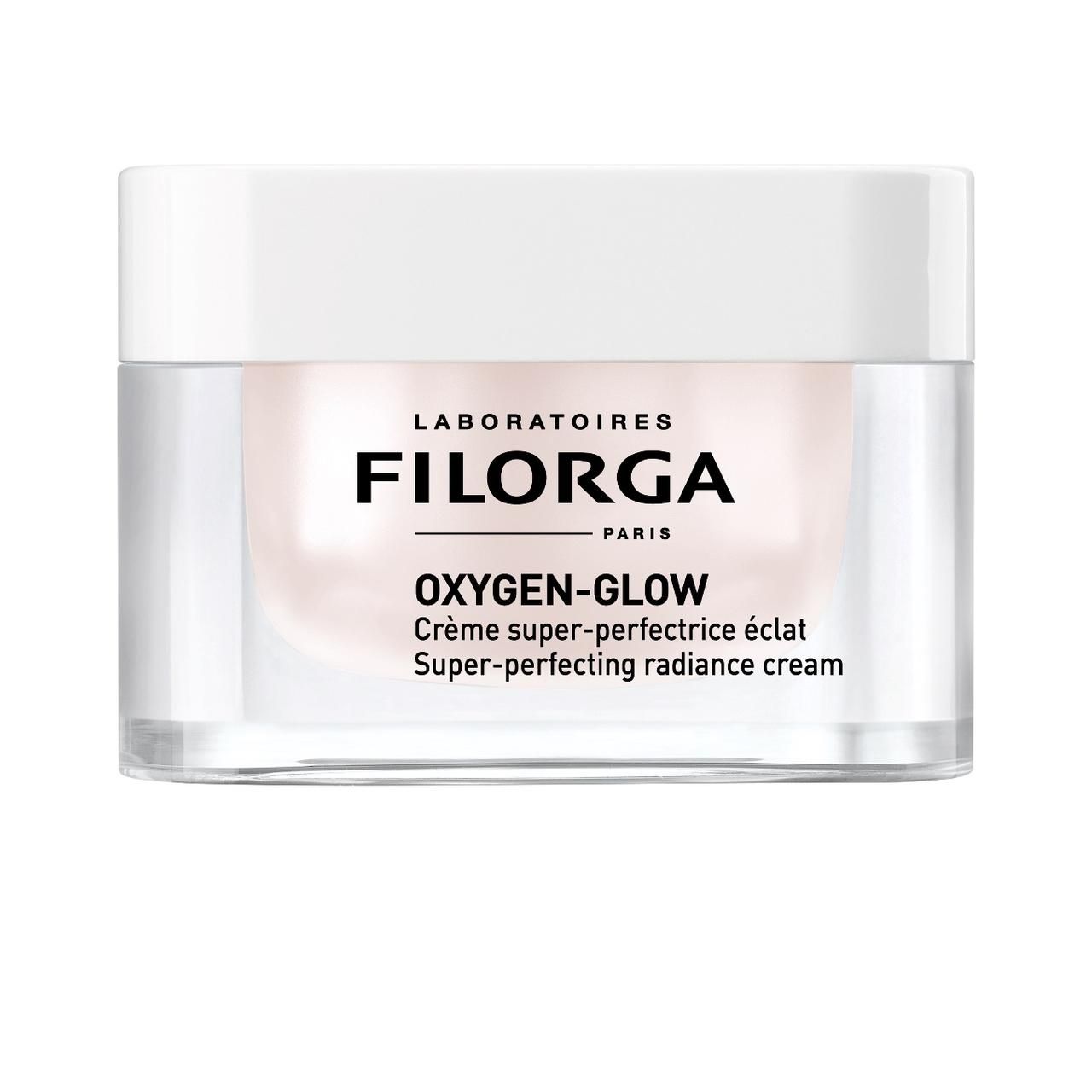Filorga Oxygen-Glow Crema. Coperchio bianco, barattolo trasparente. Scritta: FILORGA, OXYGEN-GLOW, Crème super-perfectrice éclat.