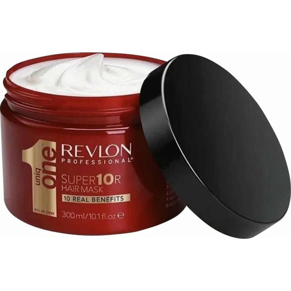 Barattolo rosso con coperchio nero. Scritta: Revlon Professional, Super10R Hair Mask, 10 Real Benefits. 300ml/10.1 Fl.oz.e.