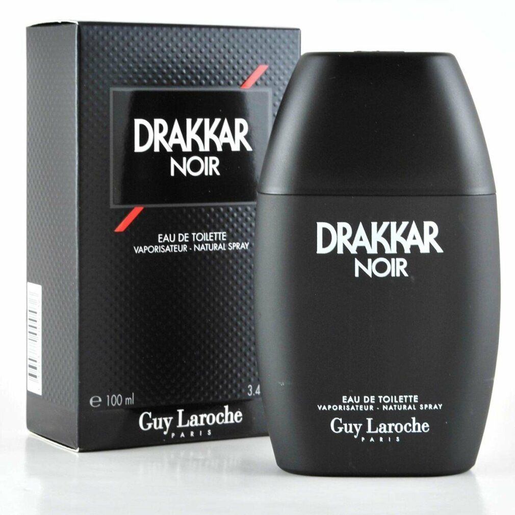 Flacone e scatola Drakkar Noir. Flacone nero, forma ovale. Scatola con logo e testo. Eau de Toilette. Guy Laroche.