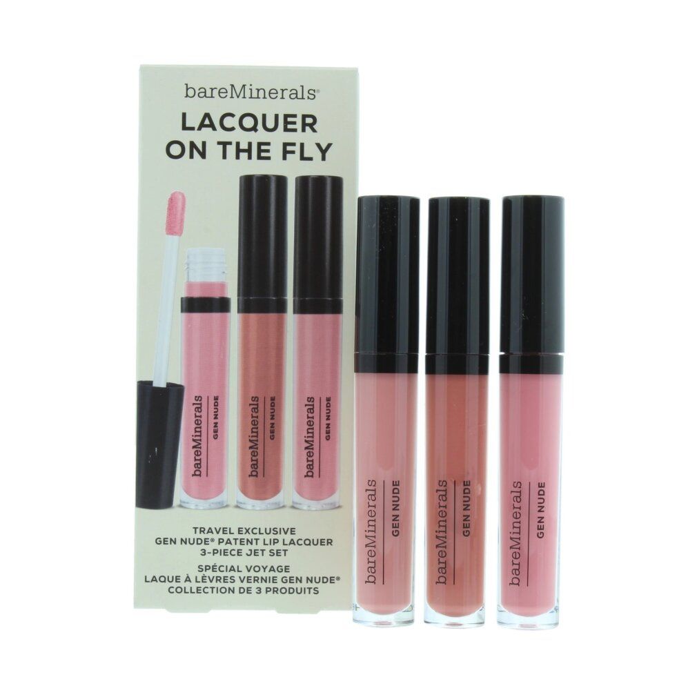 Set di tre lucidalabbra e confezione. Colori rosa e marrone. Marchio e nome del prodotto visibili.