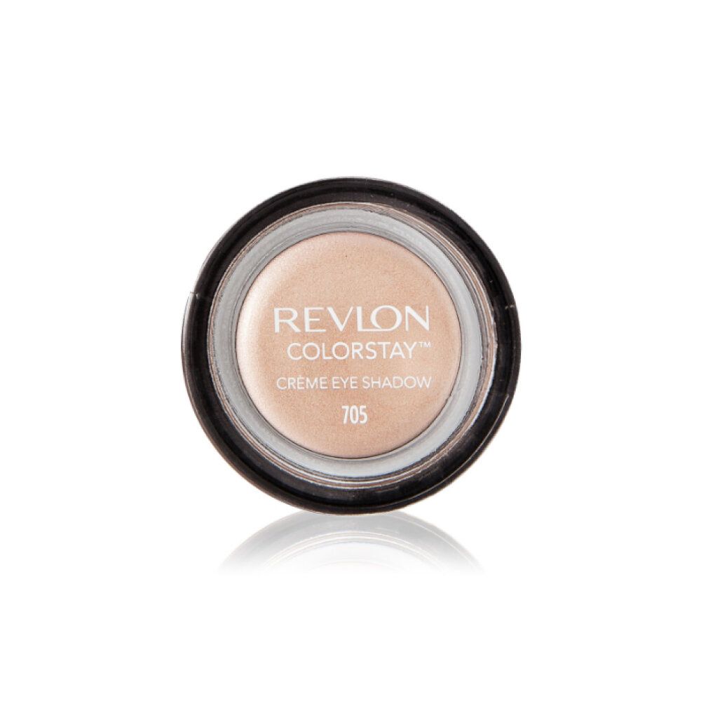 Vasetto di ombretto in crema, beige chiaro. Scritta: Revlon Colorstay Crème Eye Shadow 705.