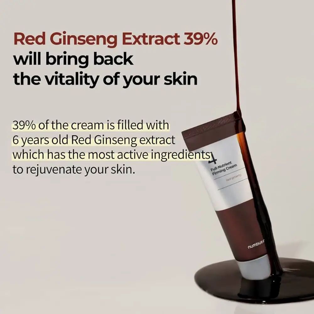 Testo: Red Ginseng Extract 39% will bring back the vitality of your skin. Tubo di crema, marchio numbuz:n, in liquido.