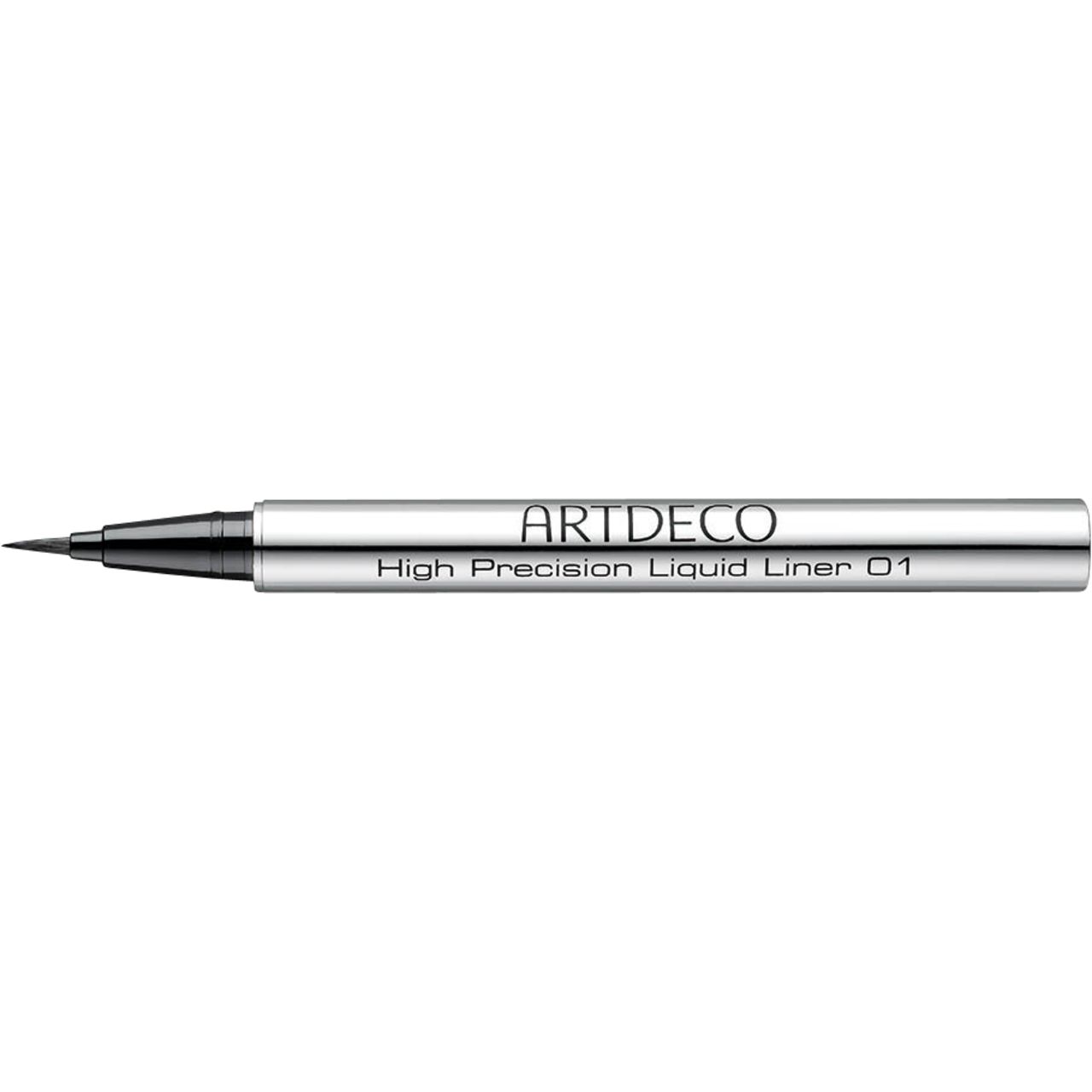 Eyeliner nero con astuccio argentato. Scritta: ARTDECO, High Precision Liquid Liner 01.