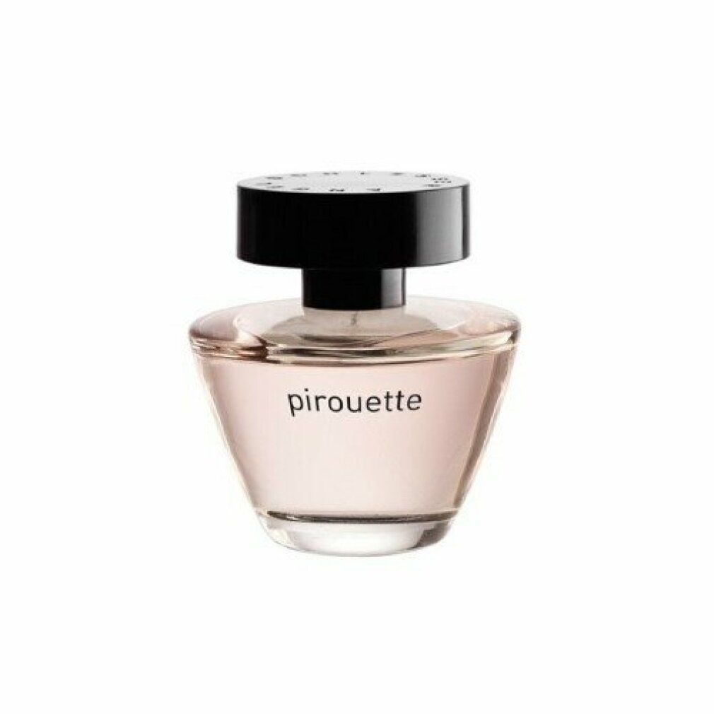 Flacone di profumo, liquido rosa, tappo nero, scritta "pirouette".