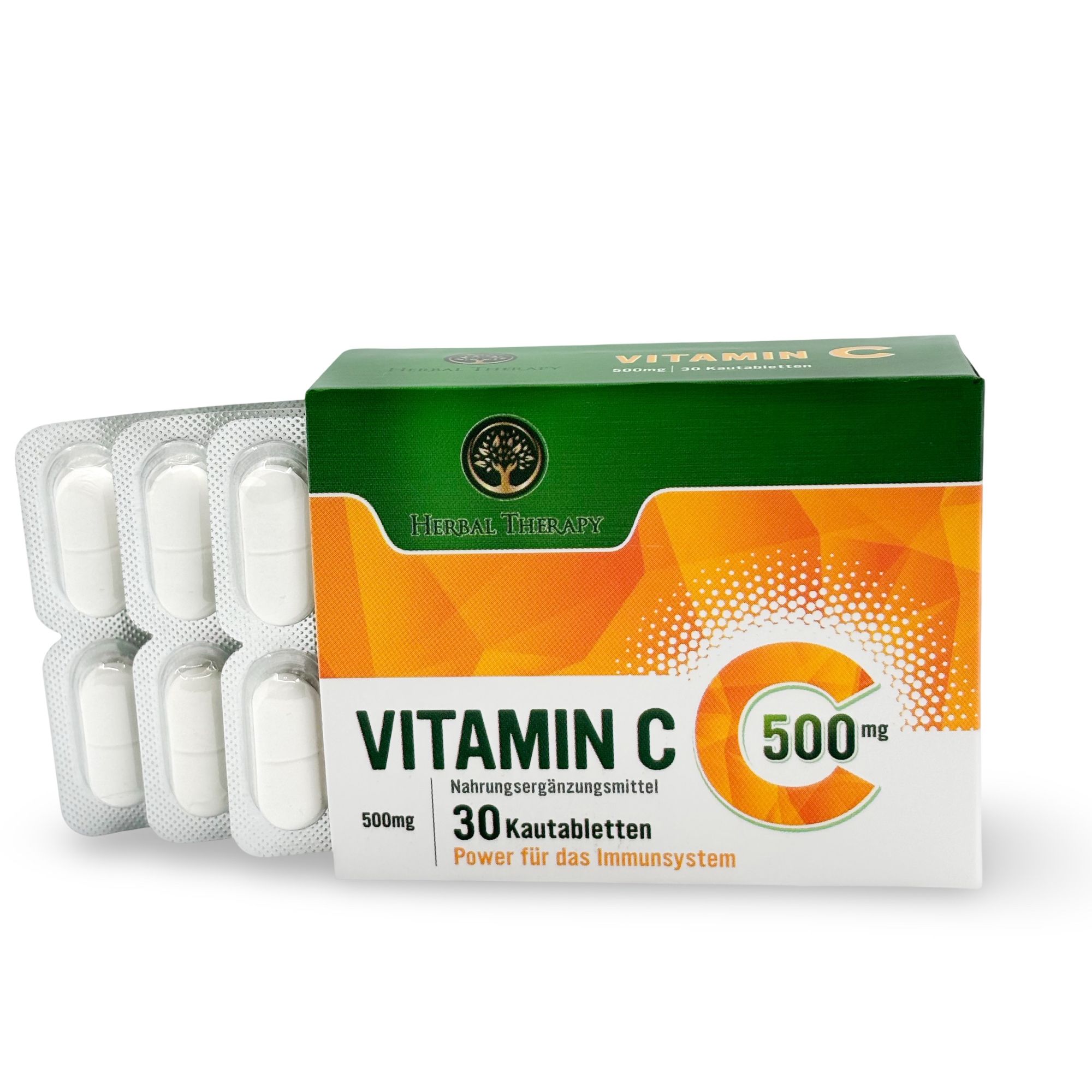 Scatola di vitamina C 500 mg e blister di compresse. Design arancione e bianco. Compresse in blister.