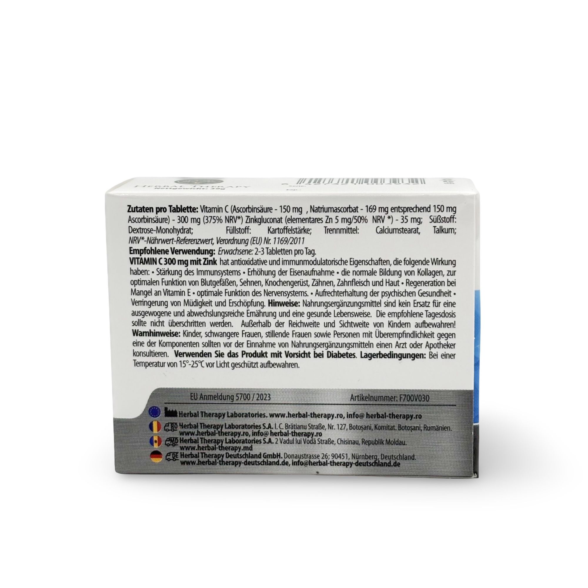 Retro della confezione "Herbal Therapy VITAMINE C 300 mg avec zinc". Testo con ingredienti, uso e istruzioni di conservazione.