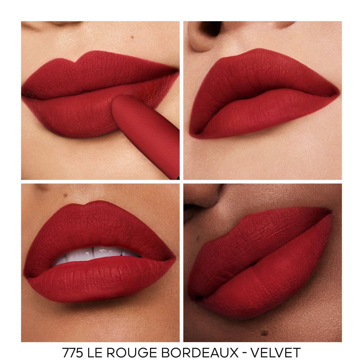 Quattro viste di labbra con Rouge Bordeau 775 Velvet. Applicazione di rossetto rosso. Testo: 775 LE ROUGE BORDEAUX - VELVET.