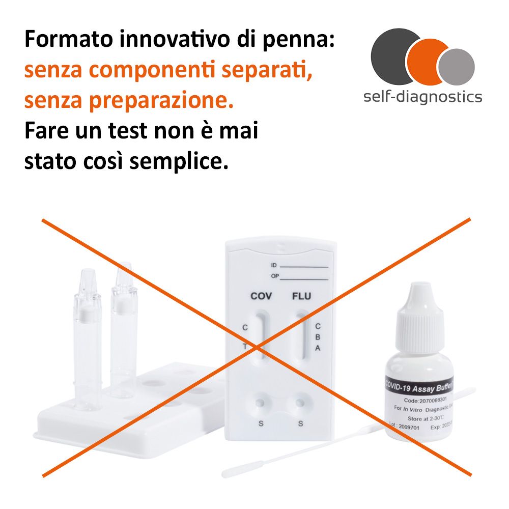 Immagine che mostra i componenti del kit di test, barrati. Marchio: self-diagnostics. Nessuna striscia, nessuna preparazione.