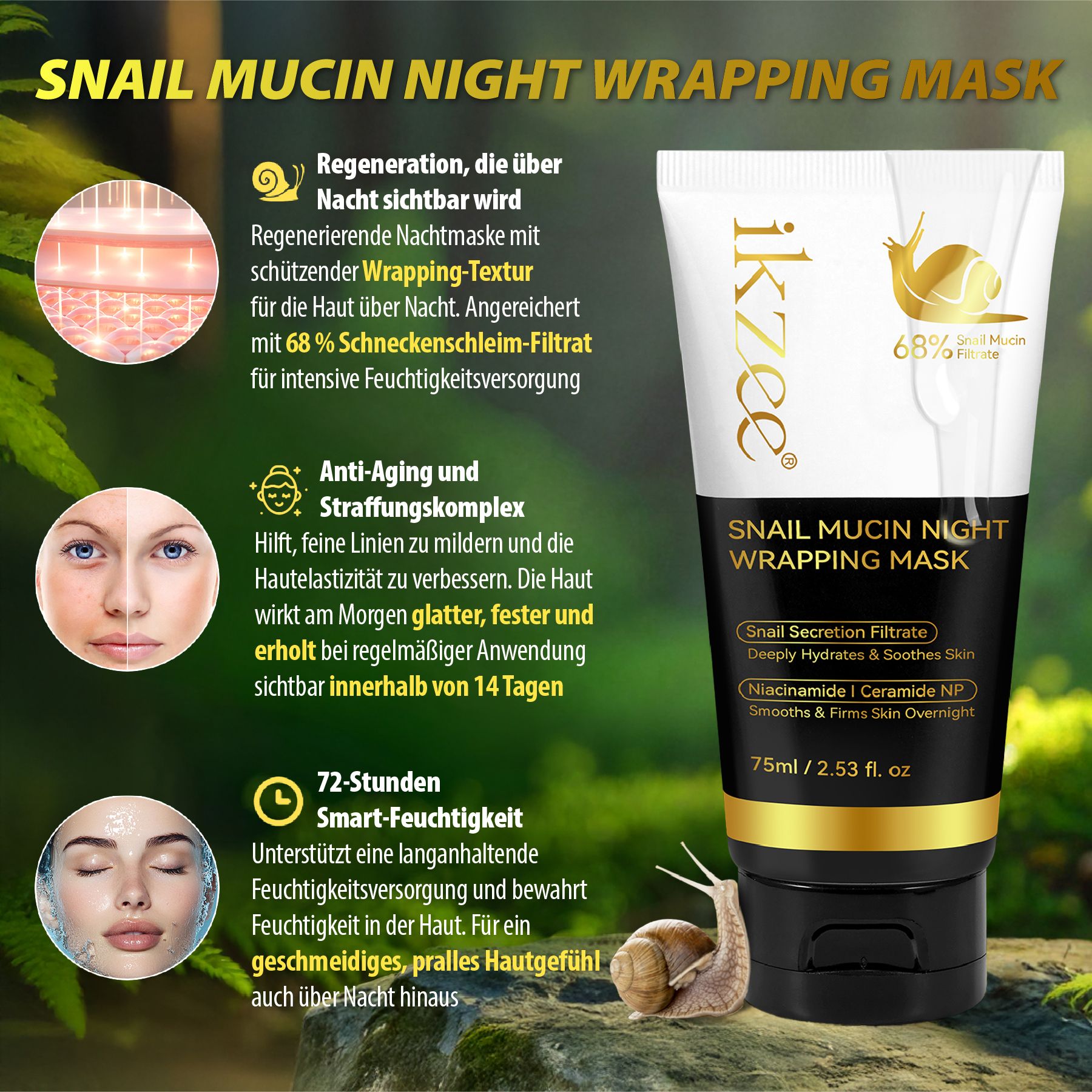 Tubo con tappo nero. Testo: Snail Mucin Night Wrapping Mask. Marchio: ikzzee. Contiene filtrato di secrezione di lumaca.