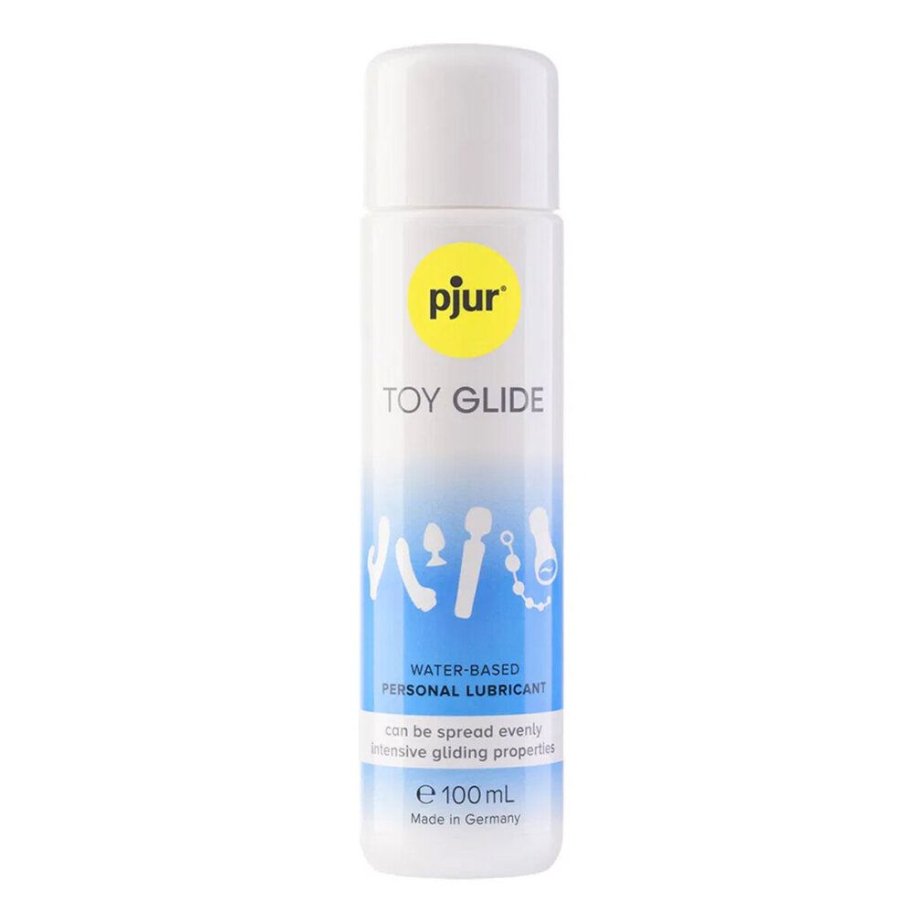 Flacone bianco con logo giallo. Scritta: pjur, TOY GLIDE. Grafica blu con simboli di giocattoli. Testo: WATER-BASED PERSONAL LUBRICANT. Made in Germany.