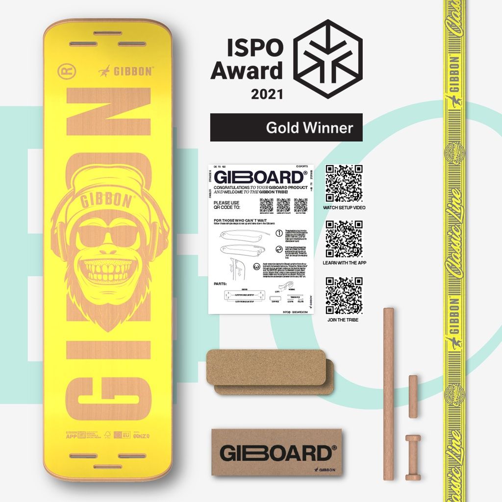 GIBOARD SET - BONZO CLASSIC: Balance board giallo, ISPO Award 2021 Gold Winner, accessori e istruzioni.