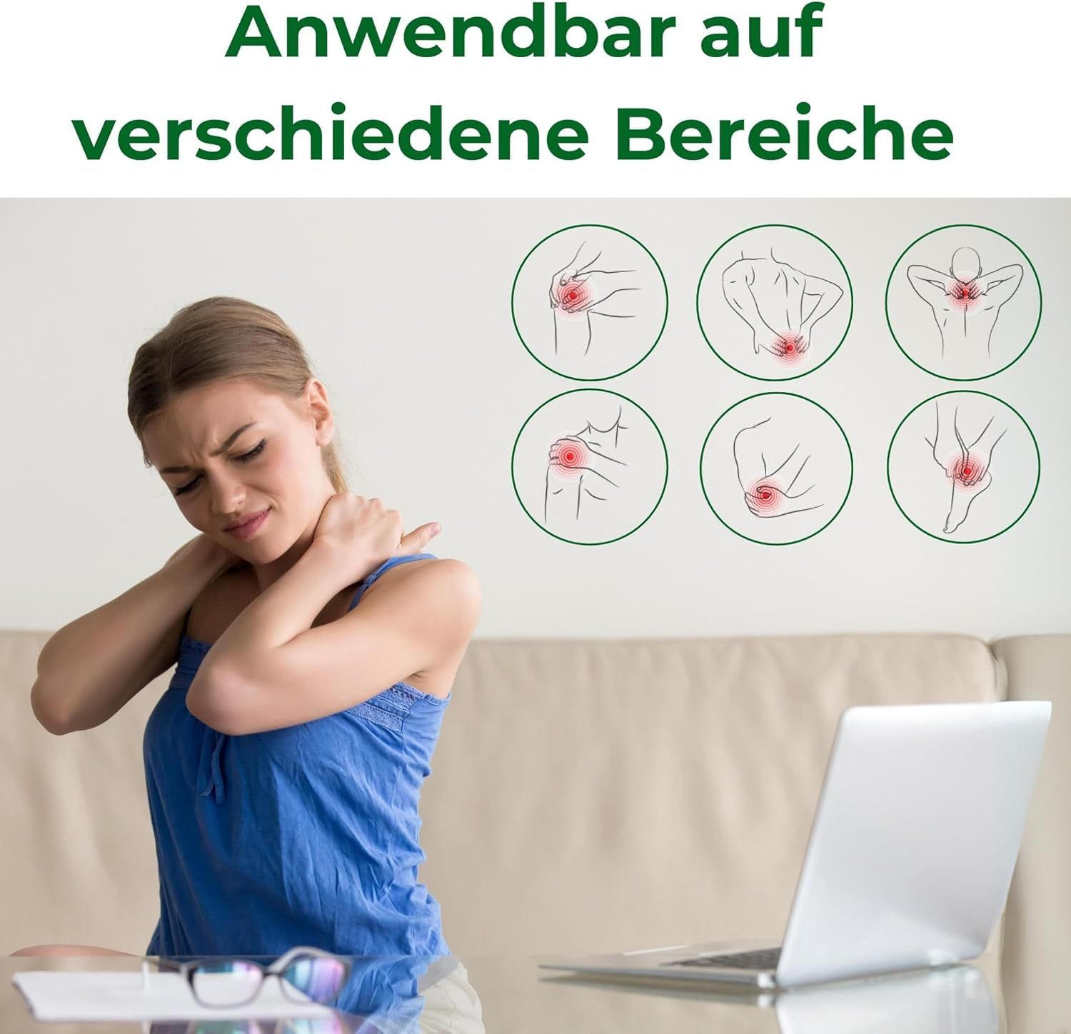 Donna con dolore al collo, laptop, diagramma delle aree del corpo. Testo: Applicabile a diverse zone.