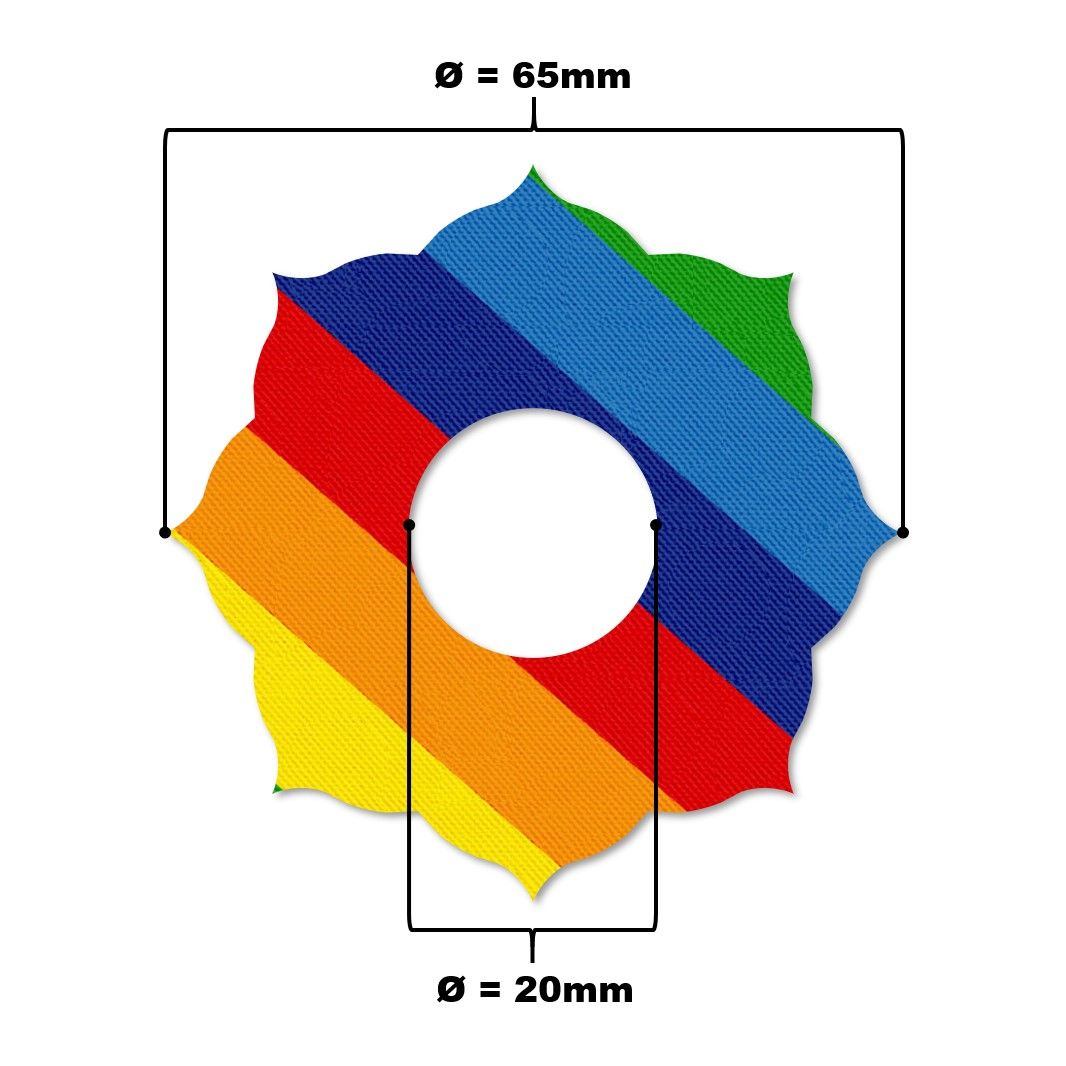 Anello di fissaggio arcobaleno con foro, diametro 65mm. Foro 20mm. Su sfondo bianco.