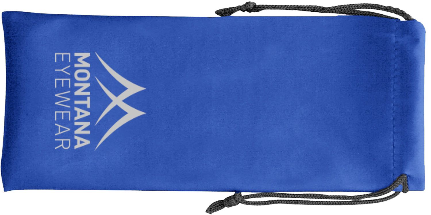 Custodia blu per occhiali con coulisse. "MONTANA EYEWEAR" e un logo sono stampati.