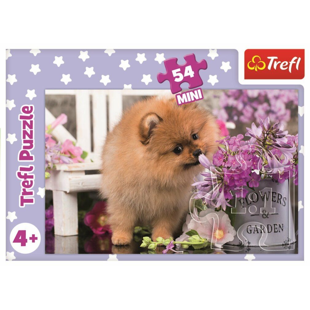 Scatola di puzzle con un cagnolino marrone. Sulla scatola c'è scritto "Trefl Puzzle" e "54 MINI". L'immagine mostra il cane davanti ai fiori.
