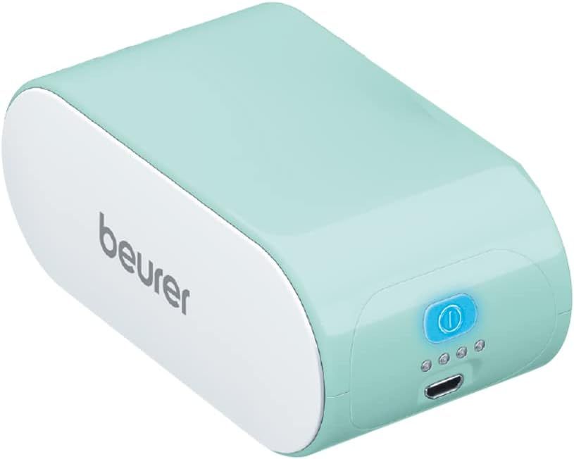 Corpo verde menta con frontale bianco. Logo 'beurer'. Pulsante on/off e indicatore di carica. Porta USB.
