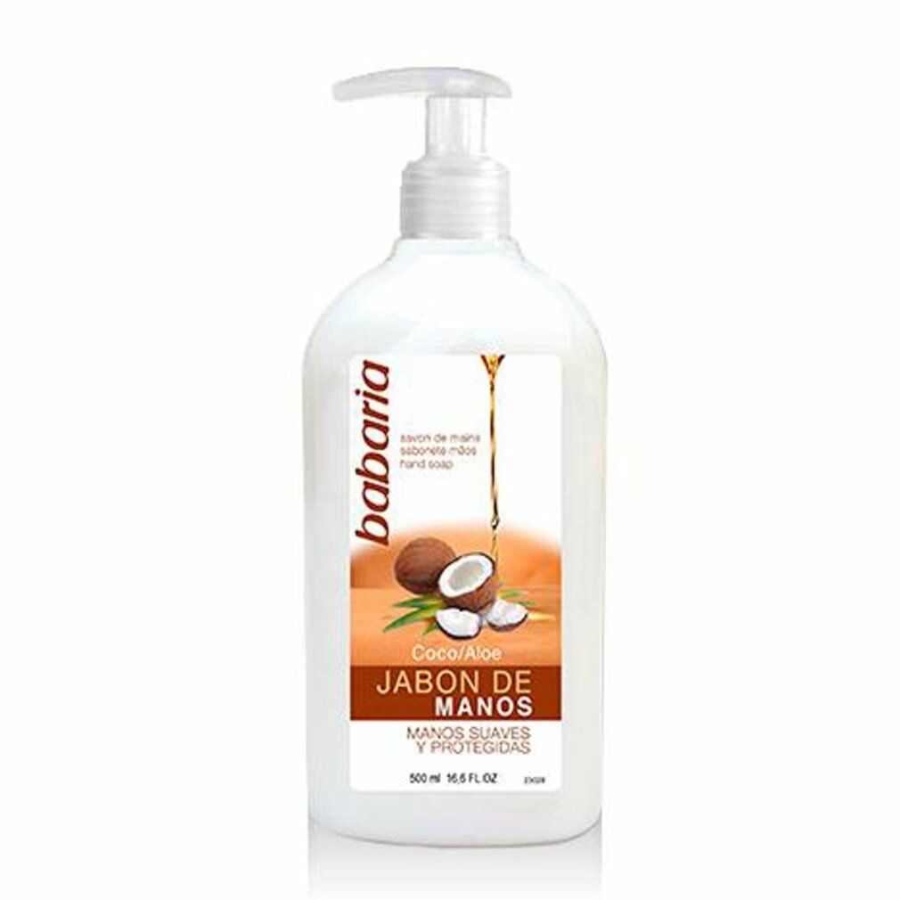 Flacone bianco Babaria con dosatore. Coco/Aloe Jabón de Manos. Immagine cocco e aloe vera. Testo in spagnolo.