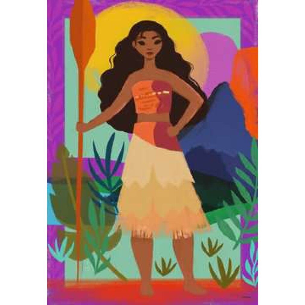 Illustrazione di Moana con una pagaia, su sfondo giallo. Circondata da piante e montagne. Colorata.