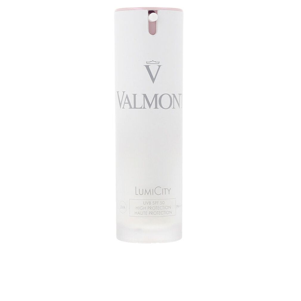 Prodotto Valmont Luminosity Lumicity SPF50 bianco. Accenti rosa. Testo: Valmont, LumiCity, SPF 50.