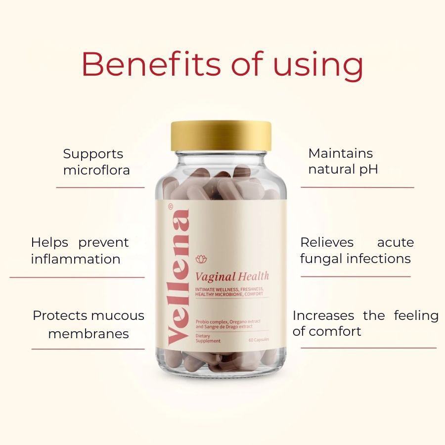 Flacone di capsule. Scritta: Vellena, Vaginal Health. Benefici: Supporta la microflora, mantiene il pH, previene le infiammazioni.