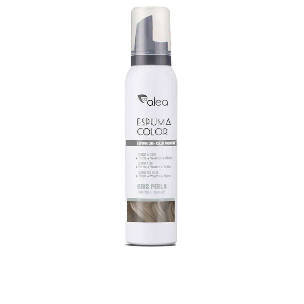 Flacone spray bianco con erogatore grigio. Scritta: Espuma Color. Testo: Gris Perla. Marchio: Azalea.