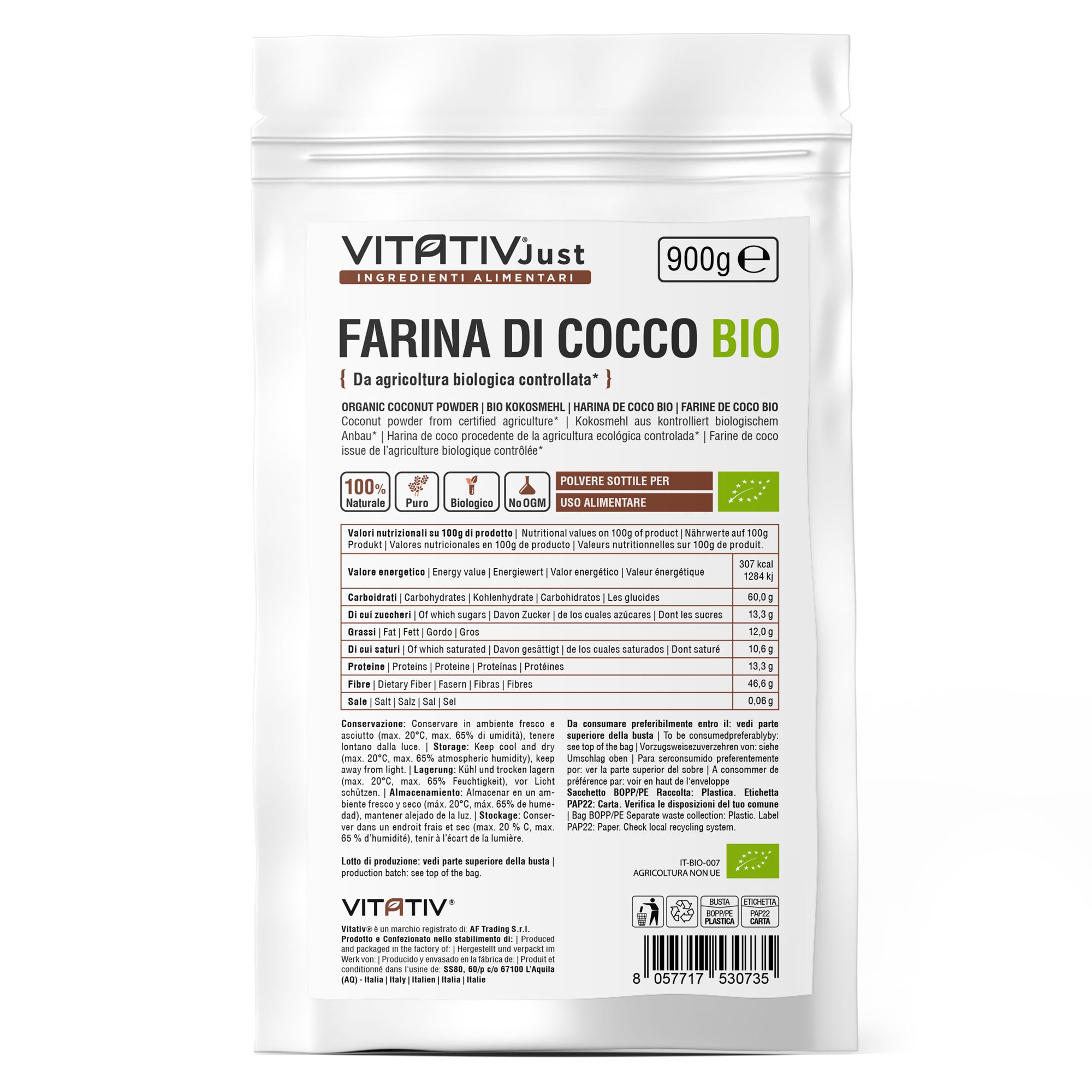 Vitativ® Farina di Cocco da Coltivazione Biologica, Fibre e Sali Minerali, Senza Zuccheri Aggiunti
