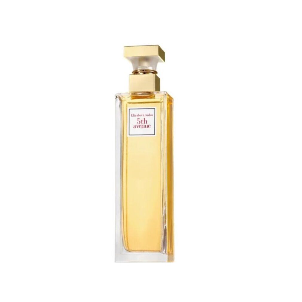 Flacone di profumo rettangolare con tappo dorato. L'etichetta indica "5th avenue".