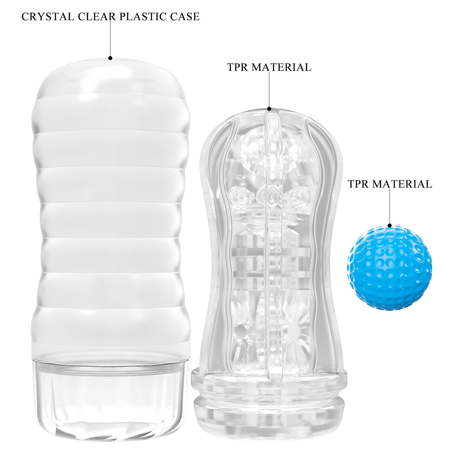 Custodia trasparente e interno. Sfera blu. Materiale: TPR. Etichette: Crystal Clear Plastic Case, TPR Material.