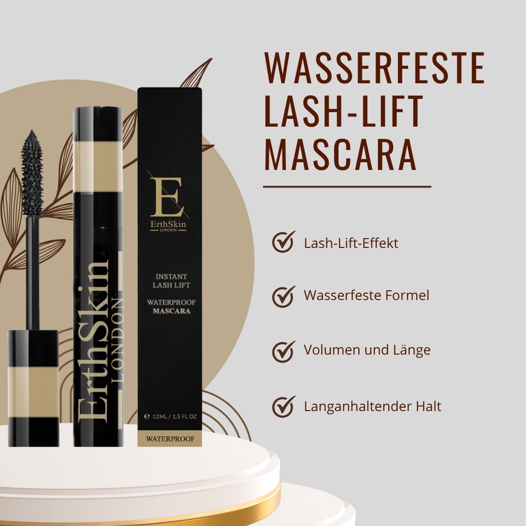 Tubo e confezione di mascara con testo: "Mascara effetto lash-lift resistente all'acqua". Liste di controllo con vantaggi.
