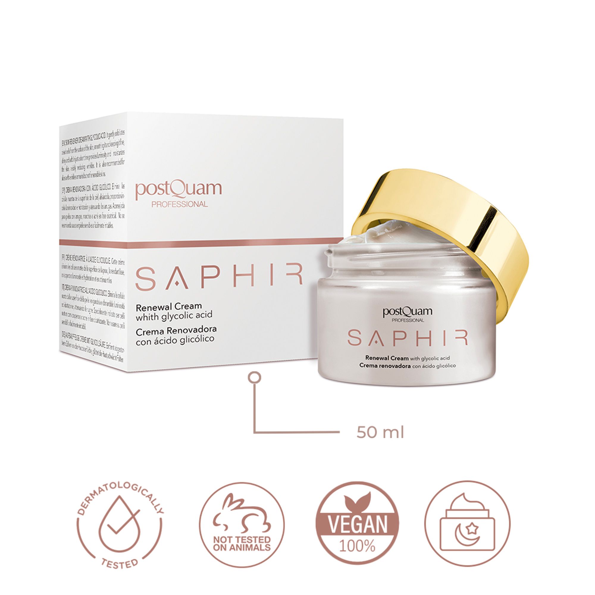 Vasetto di crema con coperchio dorato e scatola. Scritta: Postquam Saphir Renewal Cream. Testato dermatologicamente e vegano.