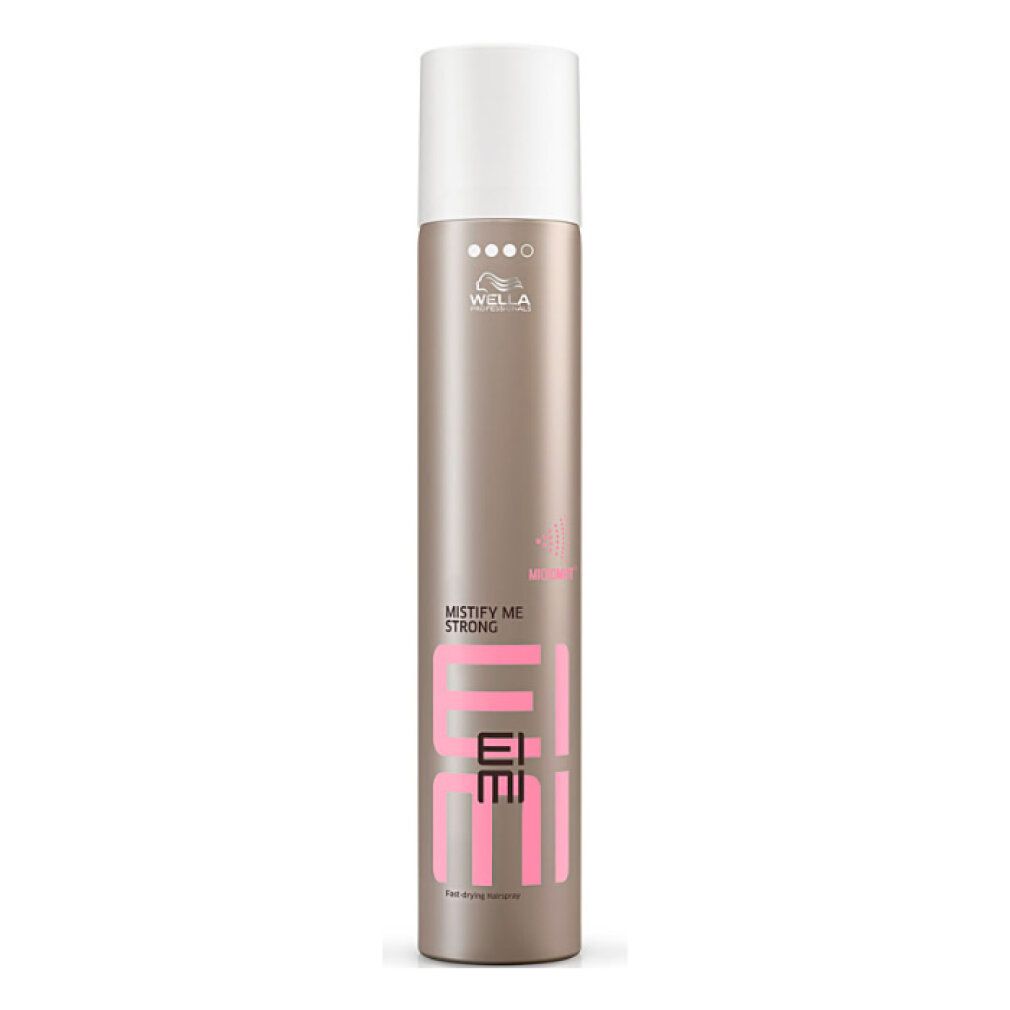 Spray per capelli Wella EIMI Mistify Me Strong in lattina dorata con tappo bianco.