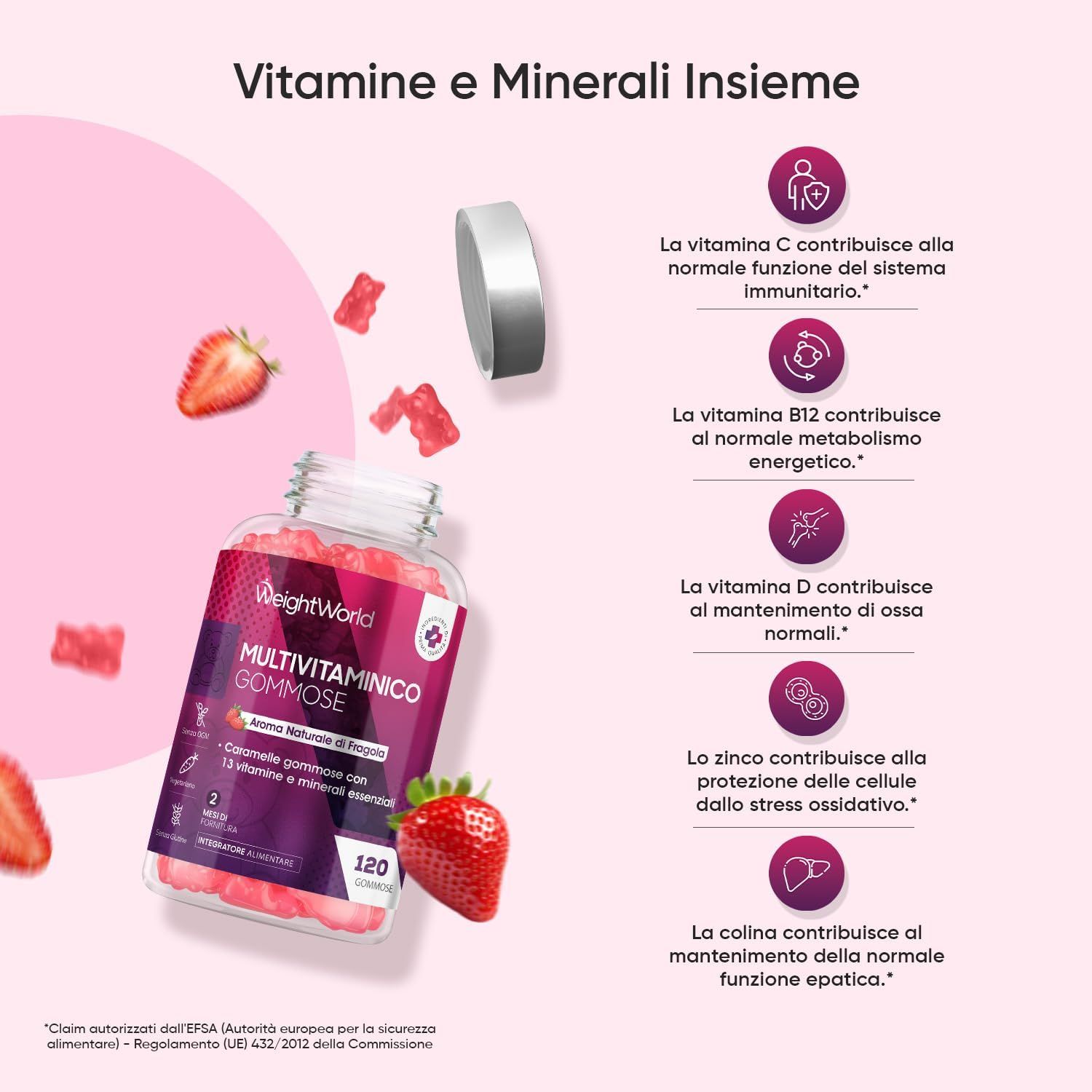 WeightWorld Multivitamin Gummibärchen con fragole. Testo: 'Vitamine e minerali insieme'.