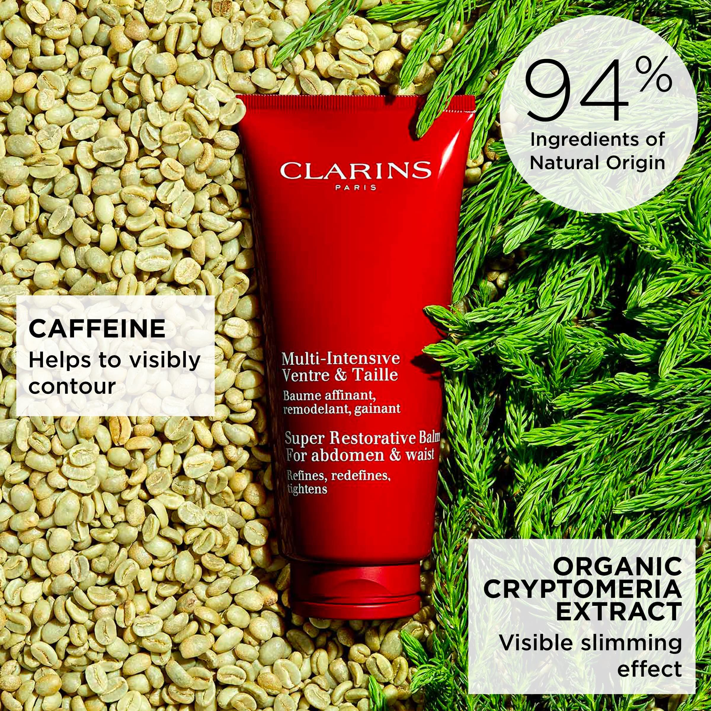 Tubo rosso CLARINS MULTI INTENSIVE VENTRE&TAILLE. Testo: Caffeina, 94% ingredienti di origine naturale, Organic Cryptomeria Extract.