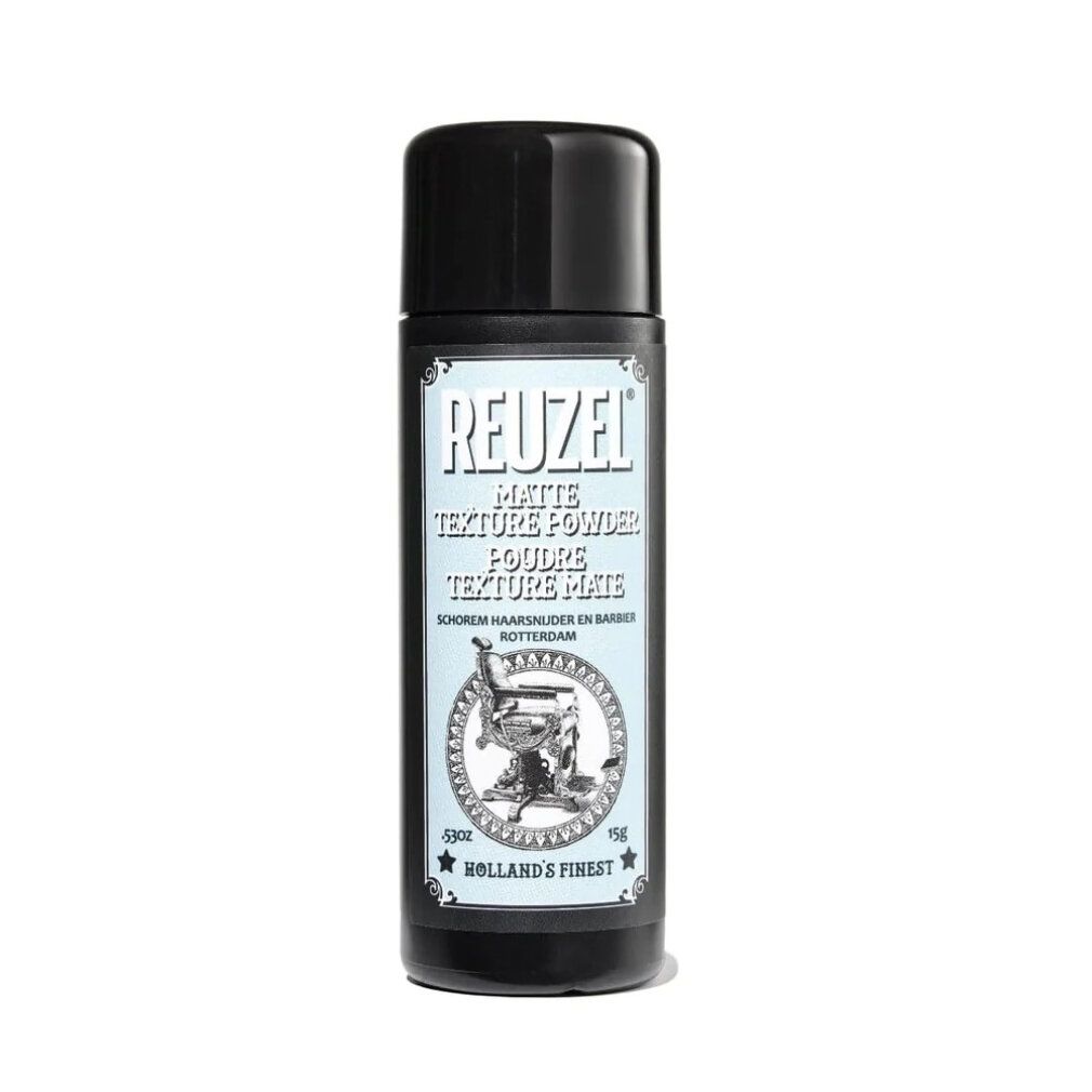 Flacone Reuzel Matte Texture Powder con tappo nero ed etichetta raffigurante una poltrona da barbiere.