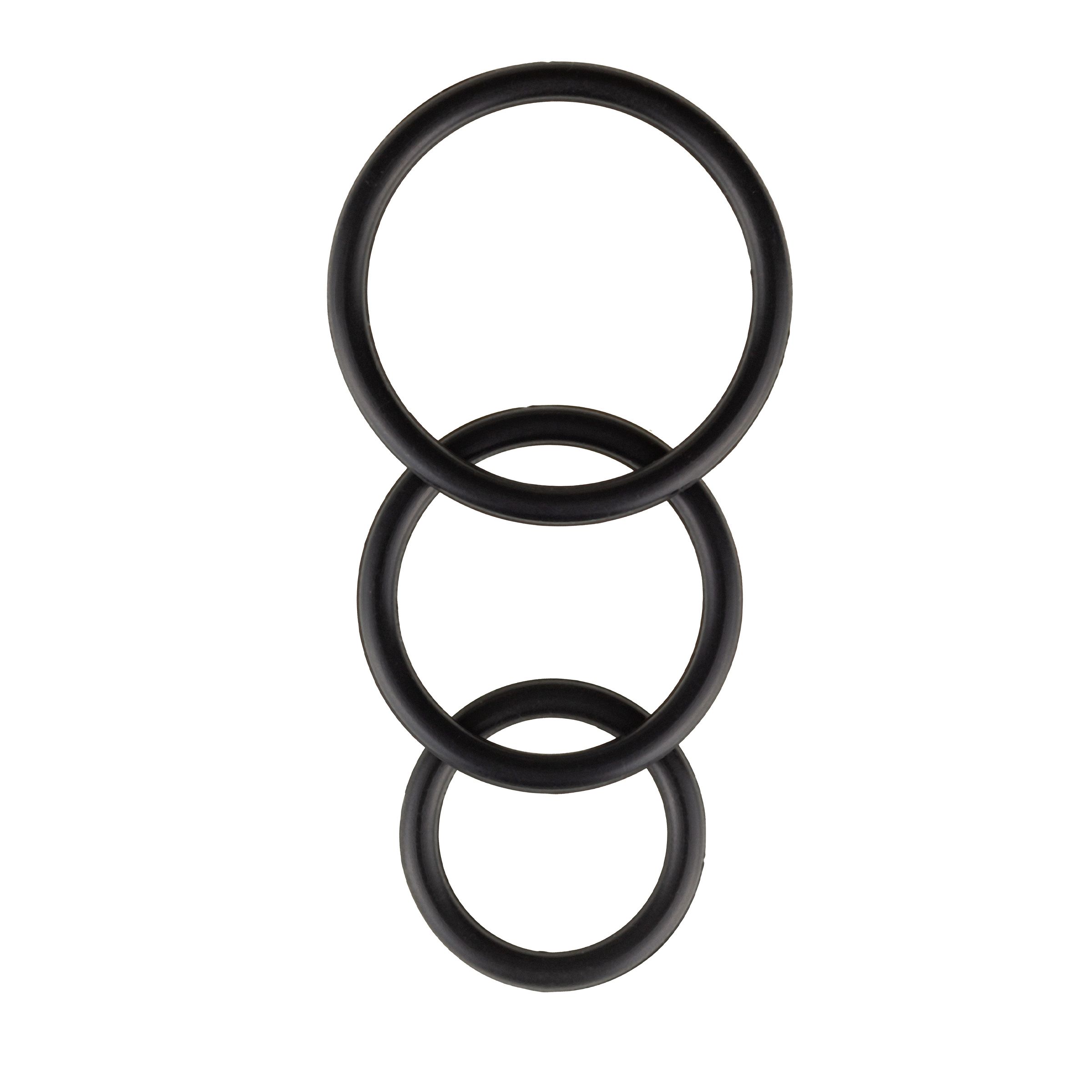 Tre anelli neri collegati. Gli anelli sono in gomma o materiale simile.