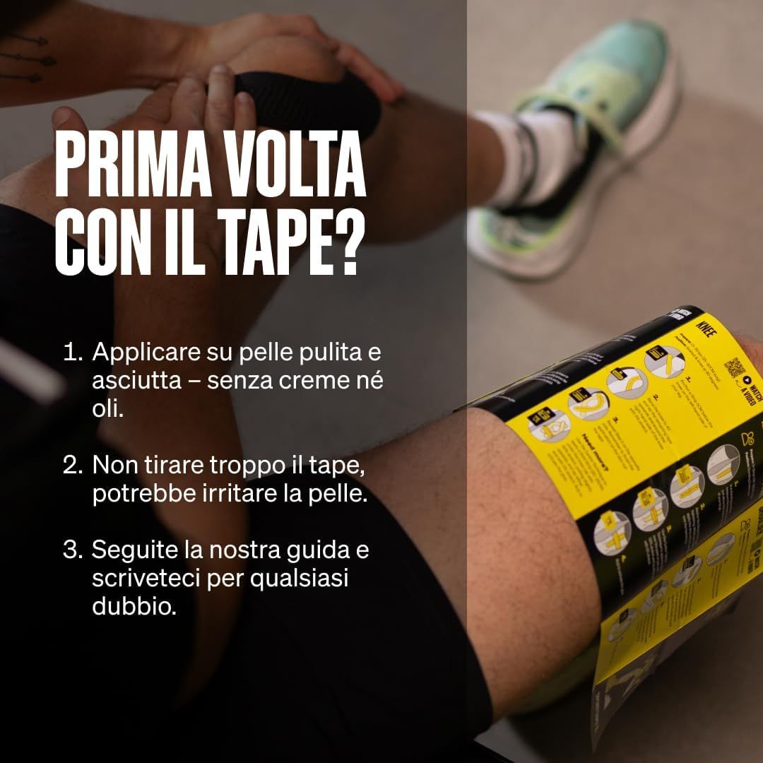 Istruzioni per l'applicazione del nastro kinesiologico: pelle pulita, non allungare eccessivamente.