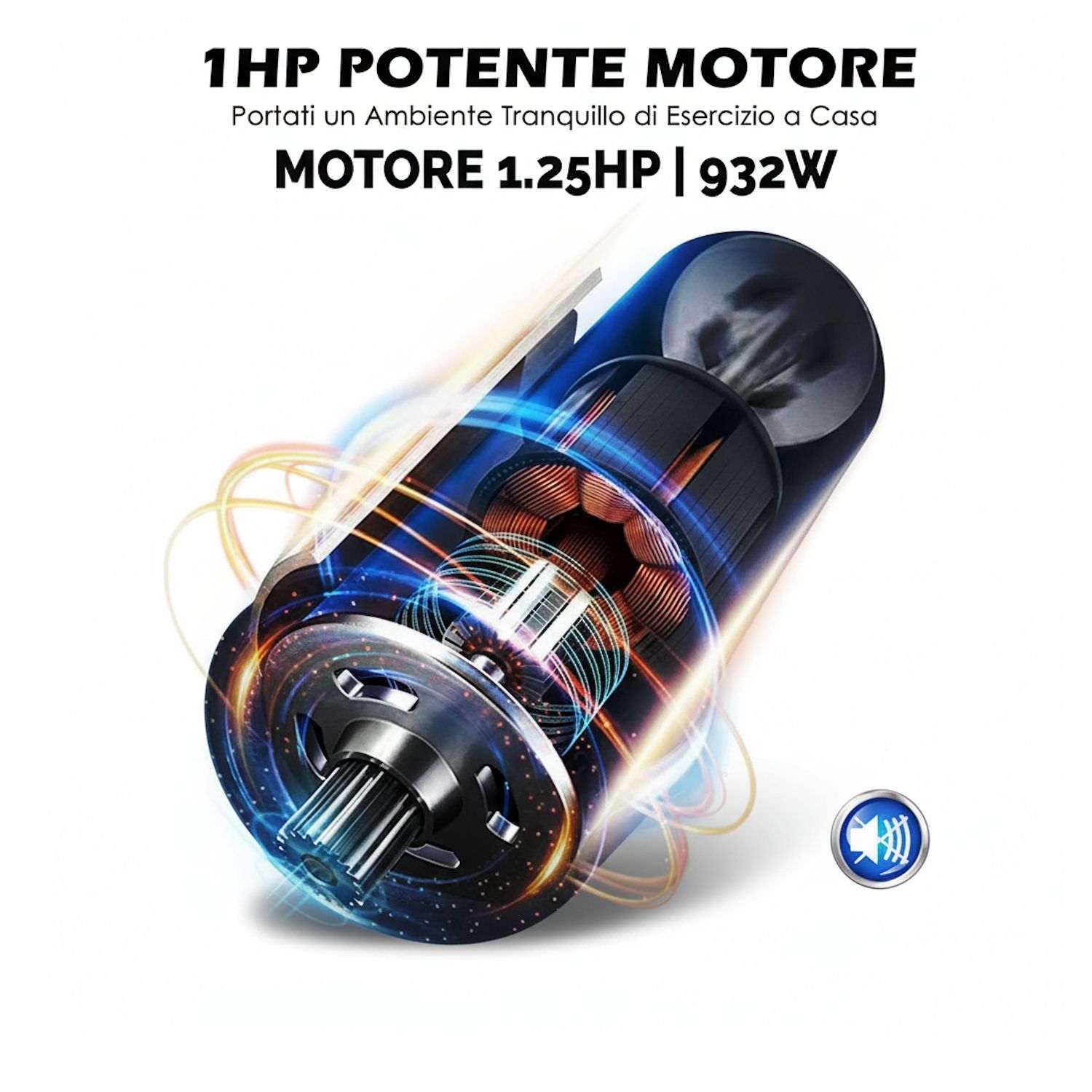 Vista dettagliata del motore. Testo: '1HP Potente Motore'. Elementi blu e argento.