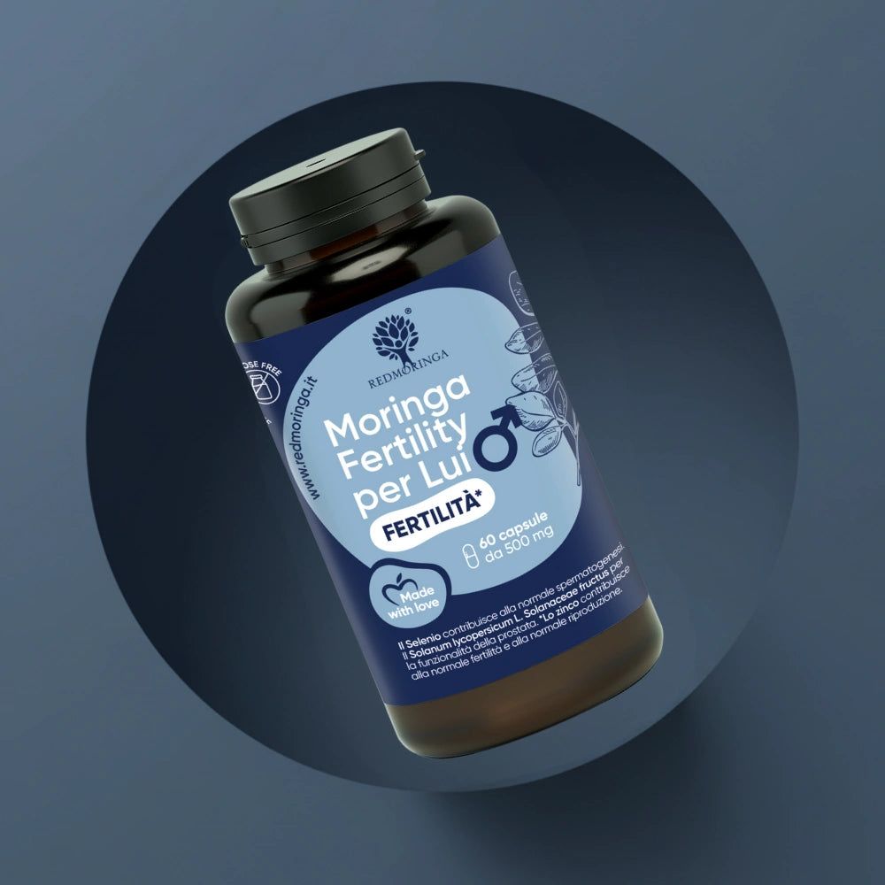 Bottiglia marrone con etichetta blu. Testo: RedMoringa, Moringa Fertility per Lui, Fertilità, 60 capsule da 500 mg.