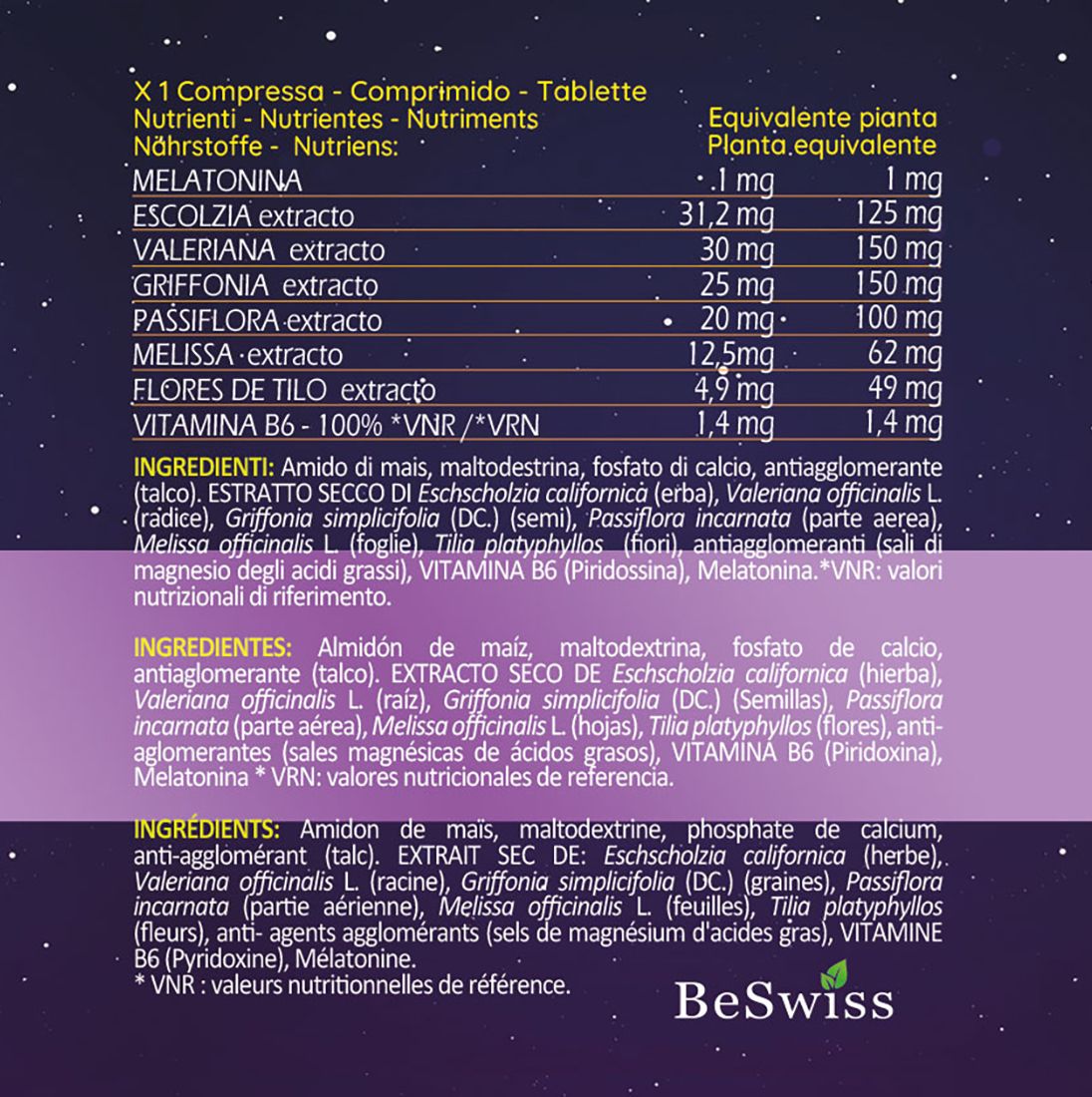 Tabella ingredienti Deep Zzz Melatonina. Contiene melatonina, valeriana, passiflora.