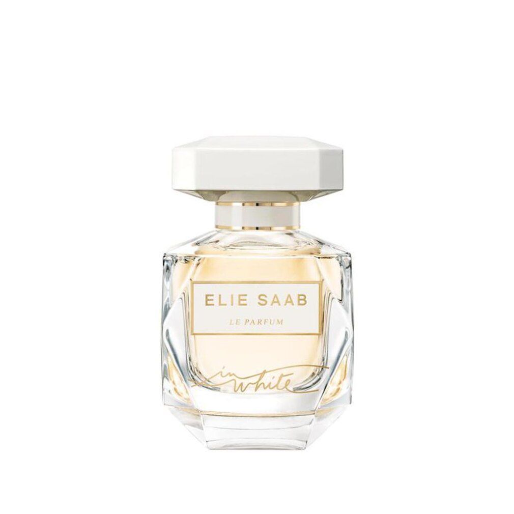 Flacone Elie Saab In White Eau de Parfum con tappo bianco sfaccettato ed etichetta dorata.
