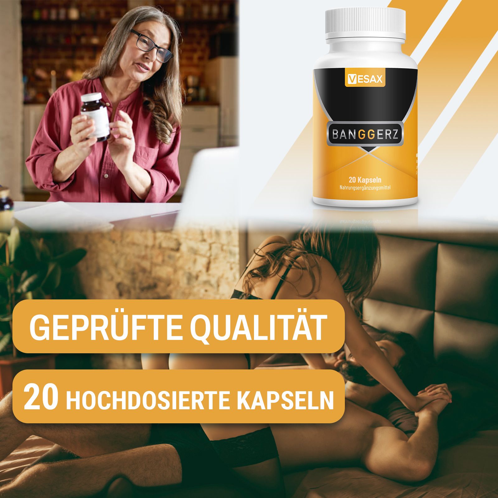 Flacone di capsule. Scritta: VESAX, BANGGERZ, 20 capsule ad alto dosaggio. Testo: Qualità testata.