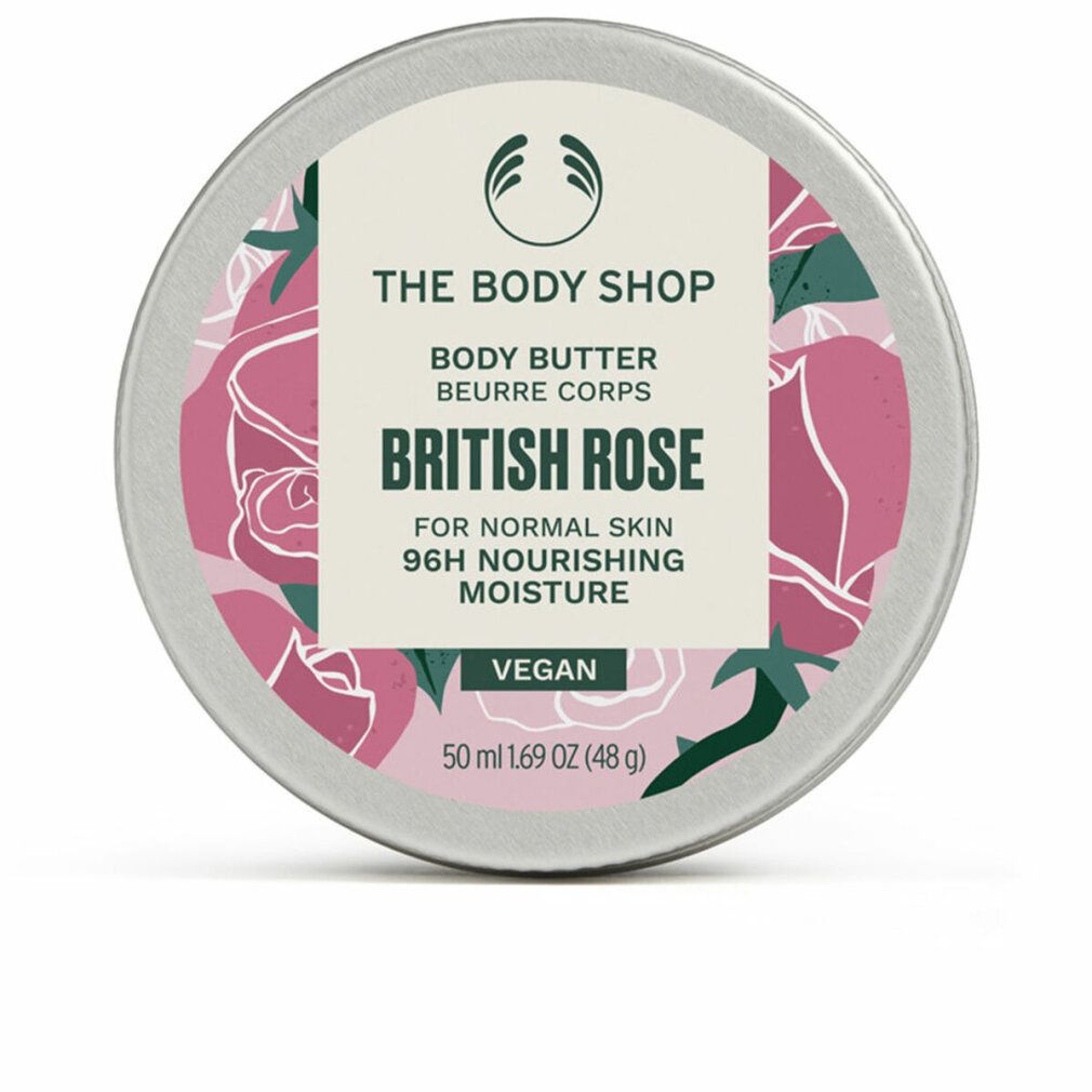 Barattolo rotondo British Rose. Burro corpo per pelli normali. Vegano. Motivo floreale e logo. Contenuto: 50 ml.